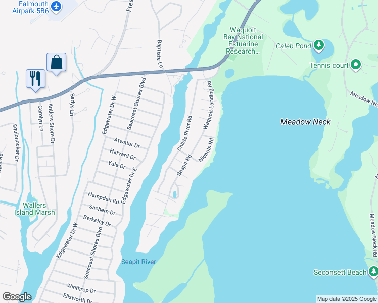 map of restaurants, bars, coffee shops, grocery stores, and more near 91 Seapit Road in Falmouth