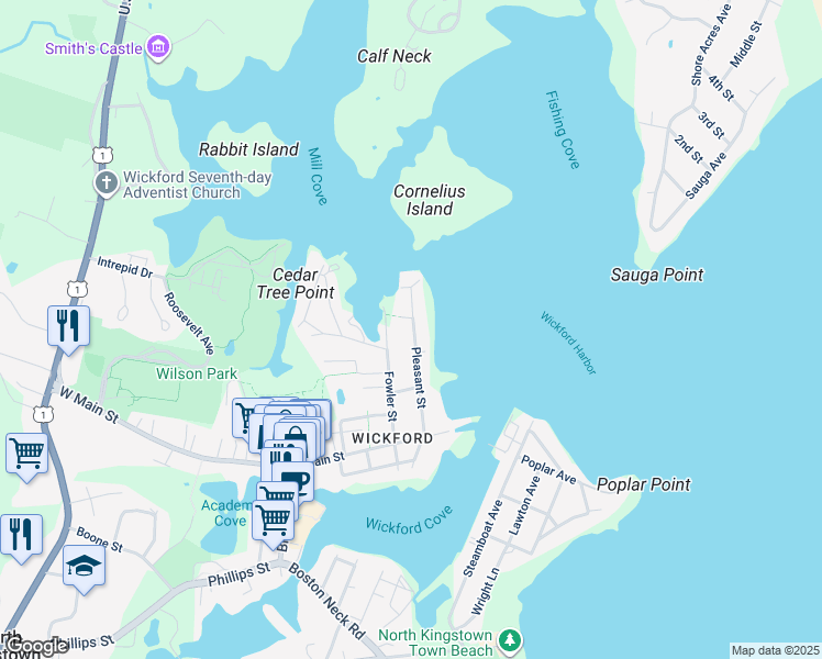map of restaurants, bars, coffee shops, grocery stores, and more near 114 Pleasant St in North Kingstown