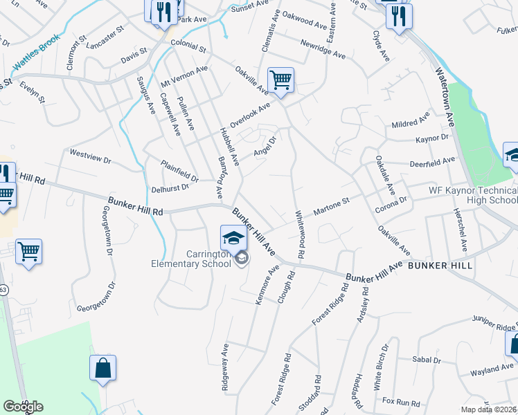 map of restaurants, bars, coffee shops, grocery stores, and more near 60 Venice Avenue in Waterbury