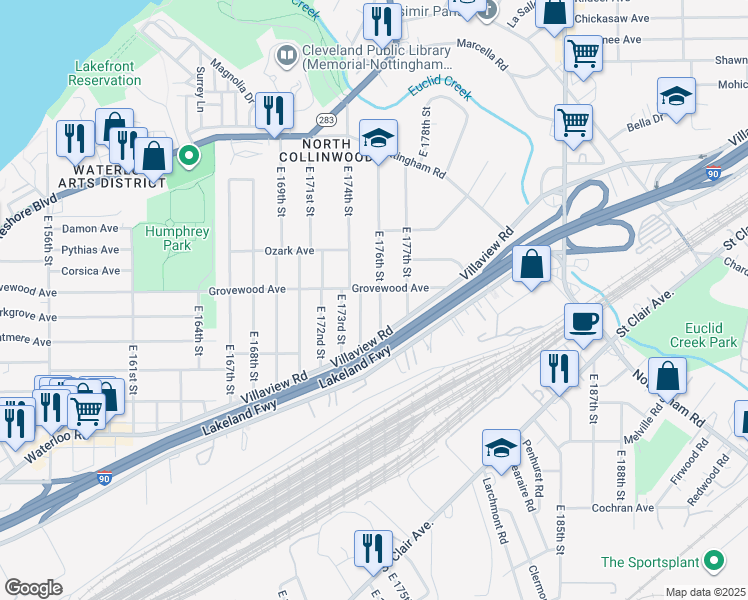 map of restaurants, bars, coffee shops, grocery stores, and more near 1184 East 176th Street in Cleveland