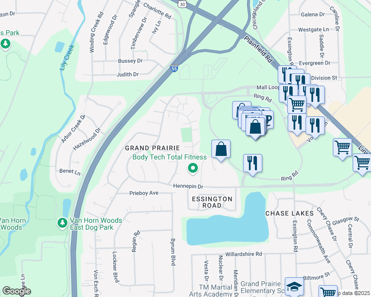 map of restaurants, bars, coffee shops, grocery stores, and more near 2937 Woodside Drive in Joliet