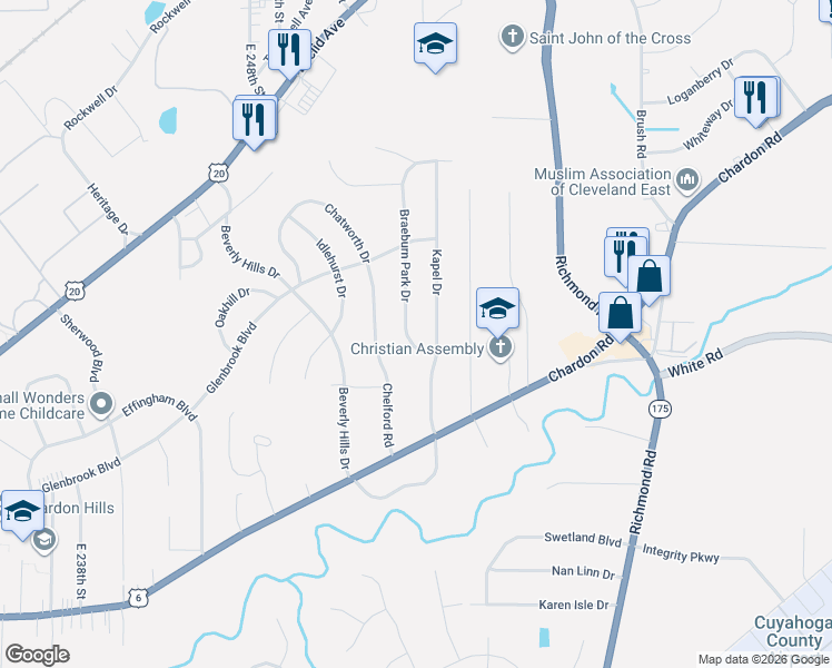 map of restaurants, bars, coffee shops, grocery stores, and more near 1891 Braeburn Park Drive in Euclid