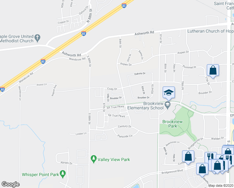 map of restaurants, bars, coffee shops, grocery stores, and more near Rock Drive in West Des Moines