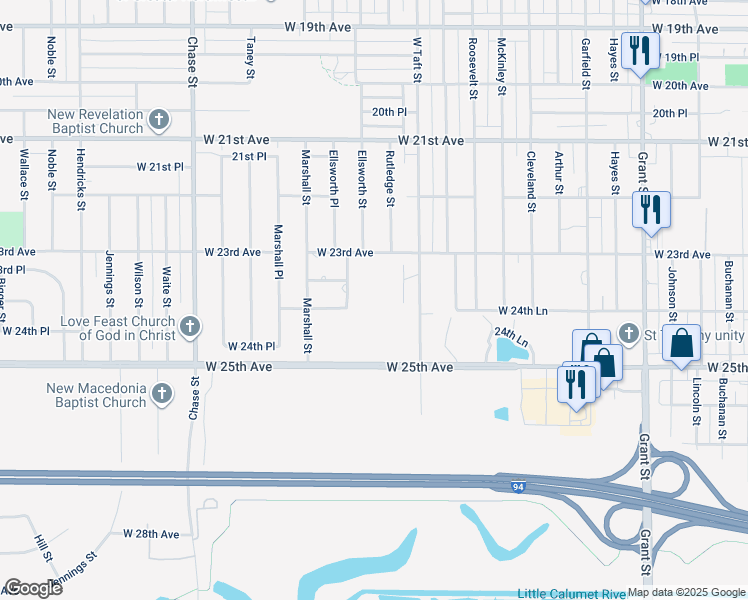 map of restaurants, bars, coffee shops, grocery stores, and more near 2382 Rutledge Street in Gary