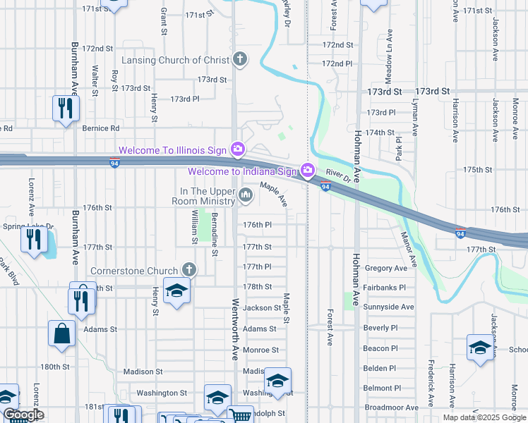 map of restaurants, bars, coffee shops, grocery stores, and more near 17537 Shirley Drive in Lansing