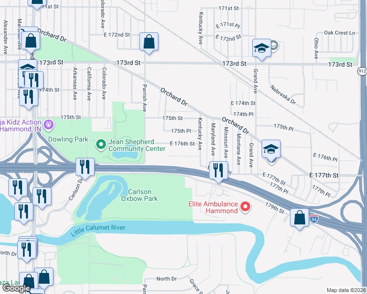 map of restaurants, bars, coffee shops, grocery stores, and more near 3320 176th Street in Hammond