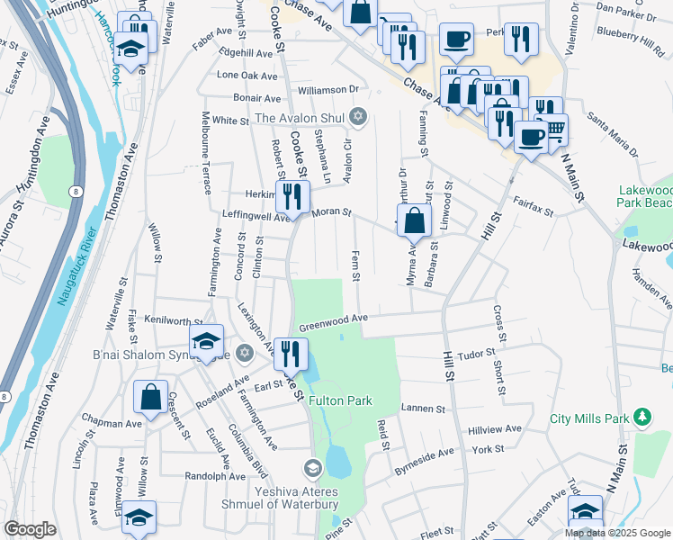 map of restaurants, bars, coffee shops, grocery stores, and more near 162 Eldridge Street in Waterbury