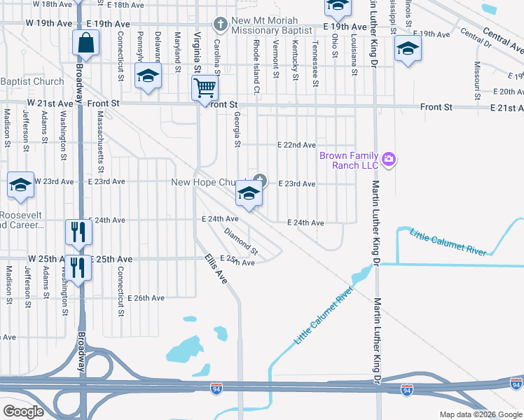 map of restaurants, bars, coffee shops, grocery stores, and more near 2355 Rhode Island Street in Gary