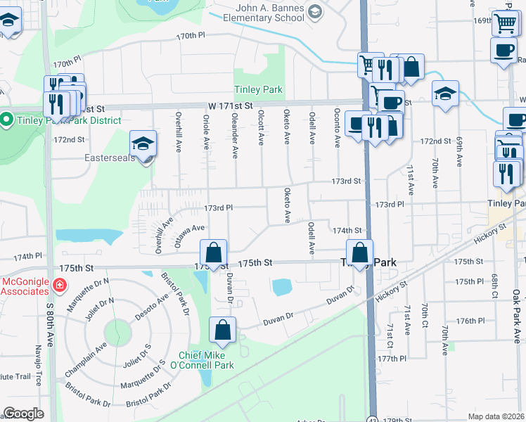 map of restaurants, bars, coffee shops, grocery stores, and more near 7431 173rd Place in Tinley Park