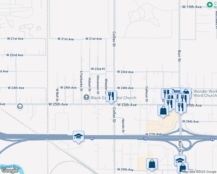 map of restaurants, bars, coffee shops, grocery stores, and more near 2385 Wheeler Street in Gary