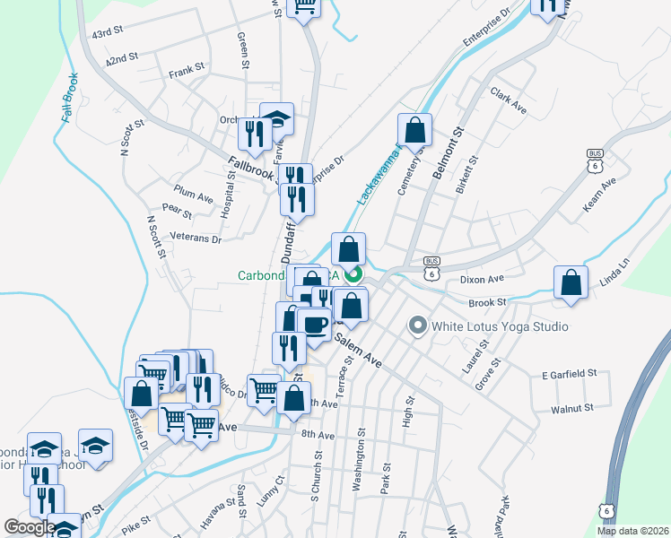 map of restaurants, bars, coffee shops, grocery stores, and more near 14 John Street in Carbondale