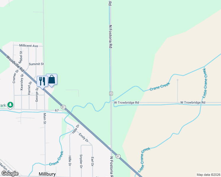 map of restaurants, bars, coffee shops, grocery stores, and more near 29185 County Road 2 in Millbury