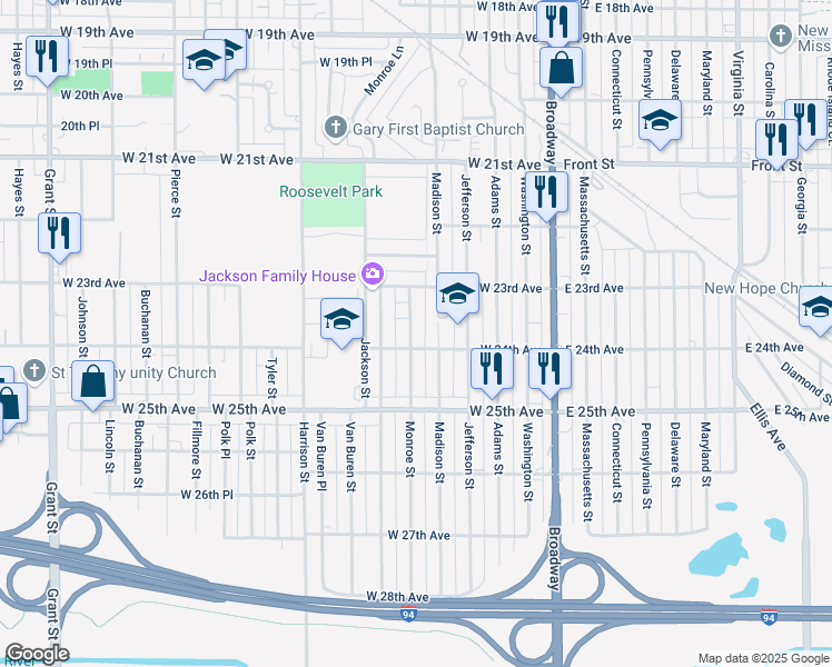 map of restaurants, bars, coffee shops, grocery stores, and more near 2369 Monroe Street in Gary