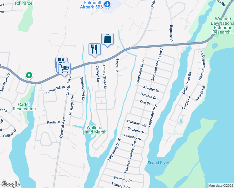 map of restaurants, bars, coffee shops, grocery stores, and more near 41 Sadys Lane in Falmouth