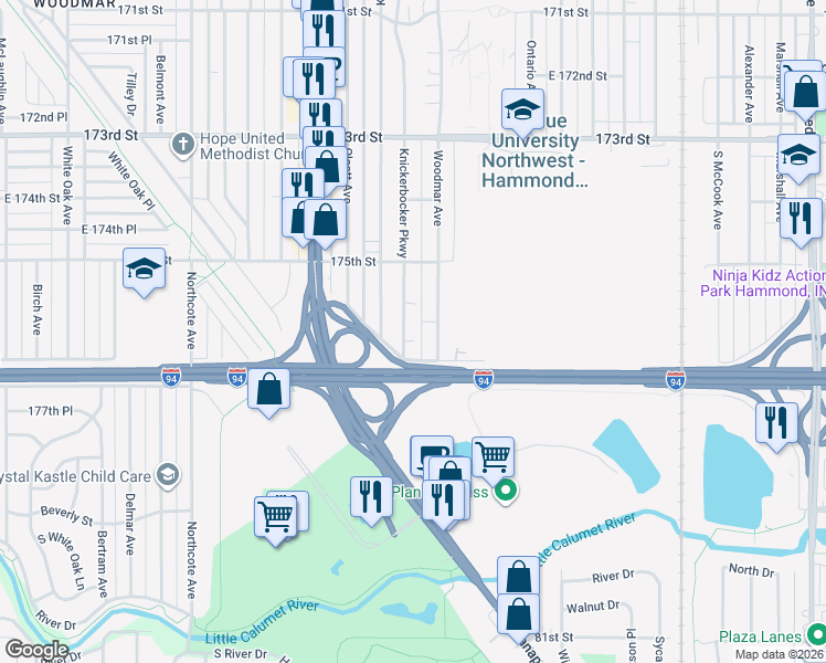map of restaurants, bars, coffee shops, grocery stores, and more near 7607 Knickerbocker Pkwy in Hammond