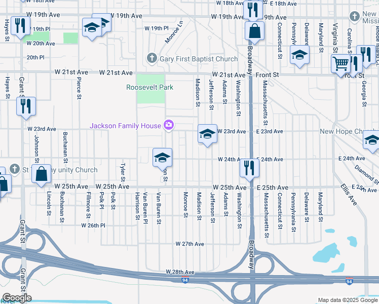 map of restaurants, bars, coffee shops, grocery stores, and more near 2369 Monroe Street in Gary