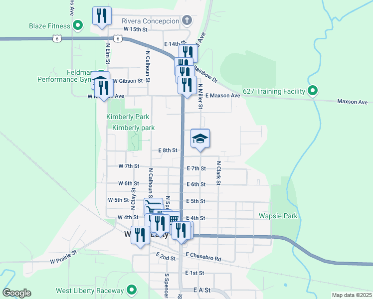 map of restaurants, bars, coffee shops, grocery stores, and more near 800 N Columbus St in West Liberty