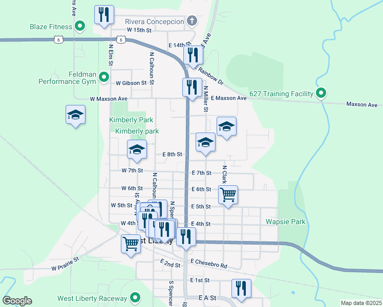 map of restaurants, bars, coffee shops, grocery stores, and more near 800 North Columbus Street in West Liberty