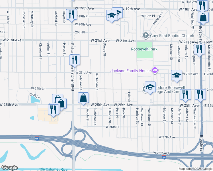 map of restaurants, bars, coffee shops, grocery stores, and more near 2375 Pierce Street in Gary