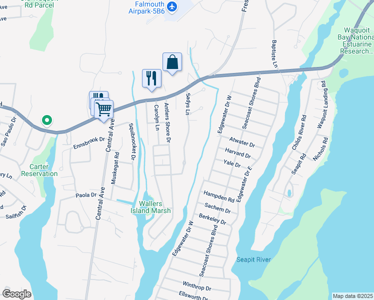 map of restaurants, bars, coffee shops, grocery stores, and more near 41 Sadys Lane in Falmouth