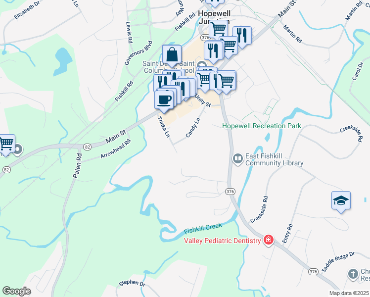 map of restaurants, bars, coffee shops, grocery stores, and more near 18 Trinka Lane in Hopewell Junction