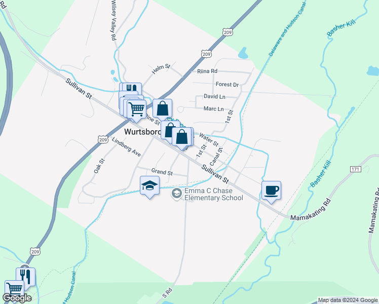 map of restaurants, bars, coffee shops, grocery stores, and more near 77 Pine Street in Wurtsboro