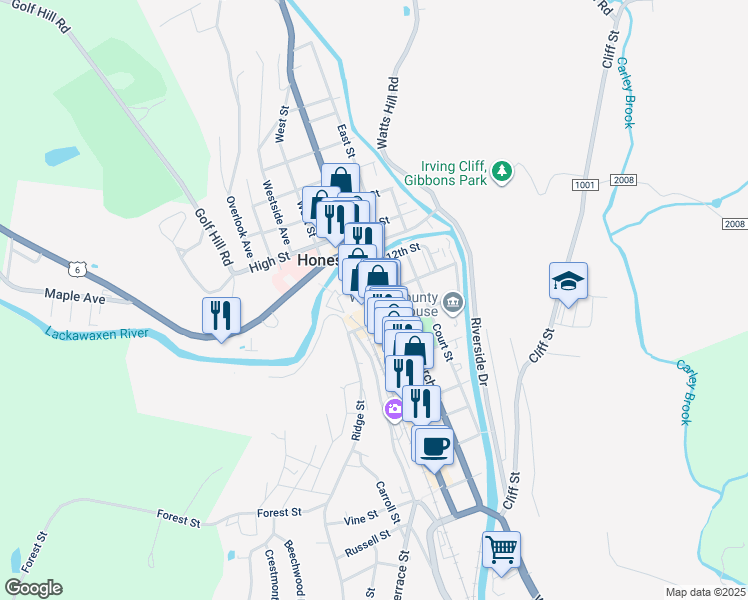 map of restaurants, bars, coffee shops, grocery stores, and more near 1018 Church St in Honesdale