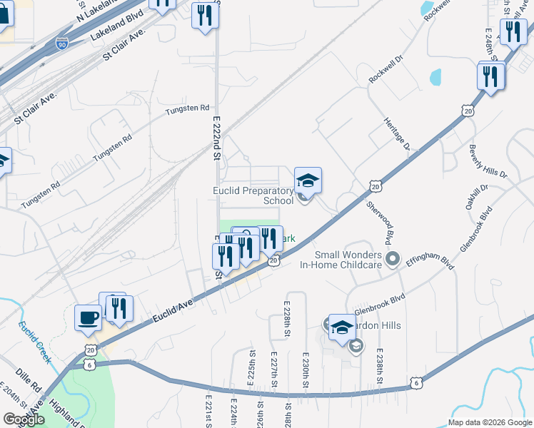 map of restaurants, bars, coffee shops, grocery stores, and more near 22700 Coulter Avenue in Euclid