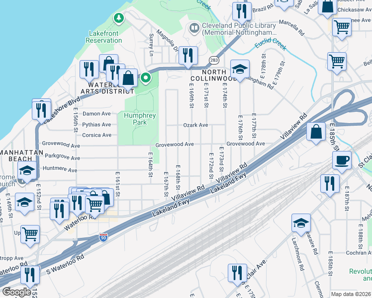 map of restaurants, bars, coffee shops, grocery stores, and more near 16818 Grovewood Avenue in Cleveland