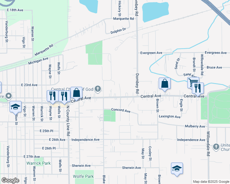 map of restaurants, bars, coffee shops, grocery stores, and more near 5172 Central Avenue in Portage