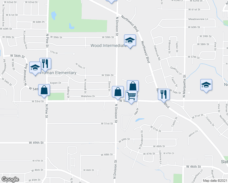 map of restaurants, bars, coffee shops, grocery stores, and more near 5326 North Division Street in Davenport