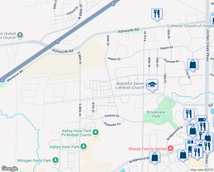 map of restaurants, bars, coffee shops, grocery stores, and more near 8420 Rock Drive in West Des Moines