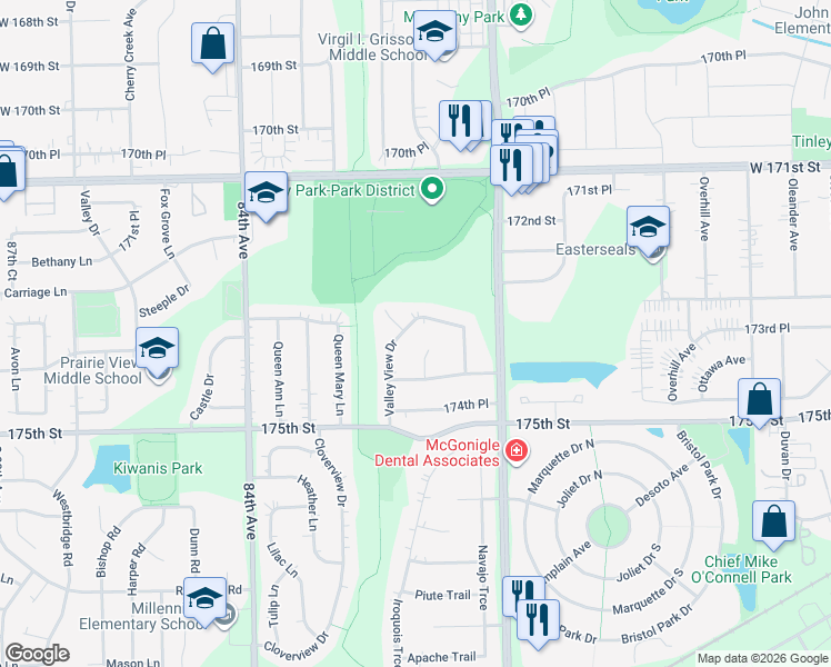 map of restaurants, bars, coffee shops, grocery stores, and more near 17319 Valley View Drive in Tinley Park