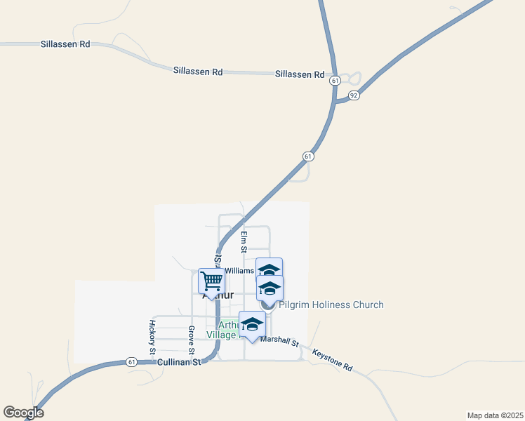 map of restaurants, bars, coffee shops, grocery stores, and more near Nebraska 61 in Arthur