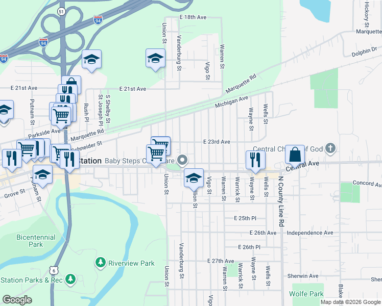 map of restaurants, bars, coffee shops, grocery stores, and more near 2332 Vermillion Street in Gary
