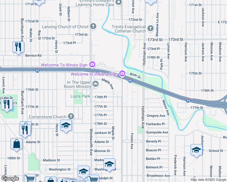 map of restaurants, bars, coffee shops, grocery stores, and more near 17607 Maple Avenue in Lansing