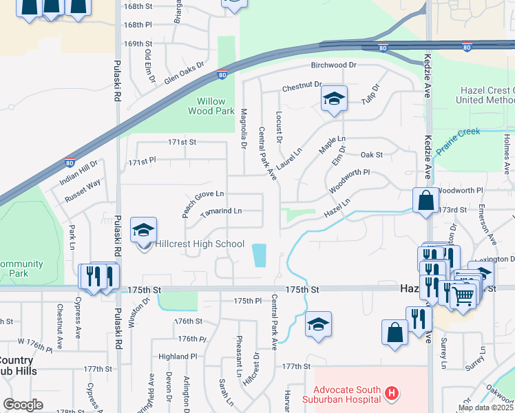 map of restaurants, bars, coffee shops, grocery stores, and more near 3604 Tamarind Lane in Hazel Crest
