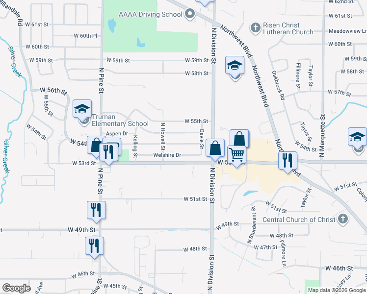 map of restaurants, bars, coffee shops, grocery stores, and more near 1803 W 54th St in Davenport