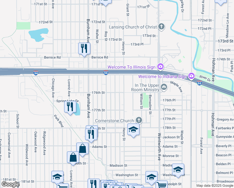map of restaurants, bars, coffee shops, grocery stores, and more near 17603 Community Street in Lansing