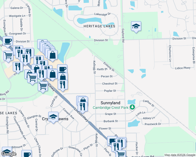 map of restaurants, bars, coffee shops, grocery stores, and more near 2426 Pecan Street in Joliet
