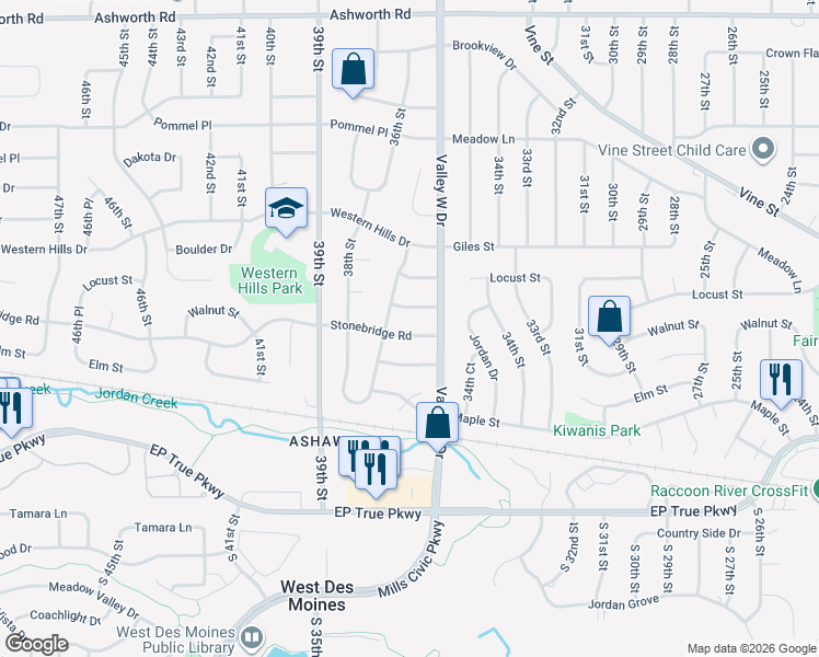 map of restaurants, bars, coffee shops, grocery stores, and more near 3513 Stonebridge Road in West Des Moines