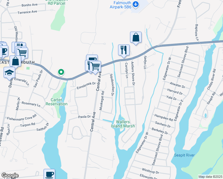 map of restaurants, bars, coffee shops, grocery stores, and more near 55 Squibnocket Drive in Falmouth