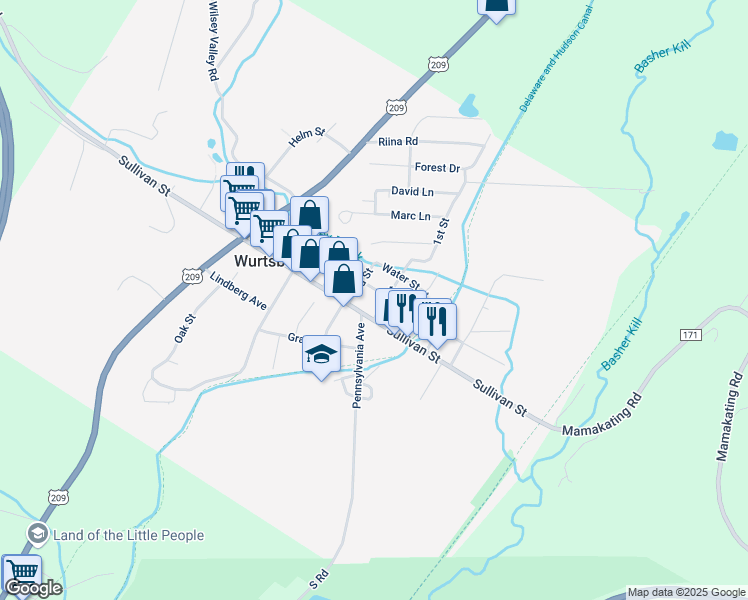 map of restaurants, bars, coffee shops, grocery stores, and more near 77 Pine Street in Wurtsboro