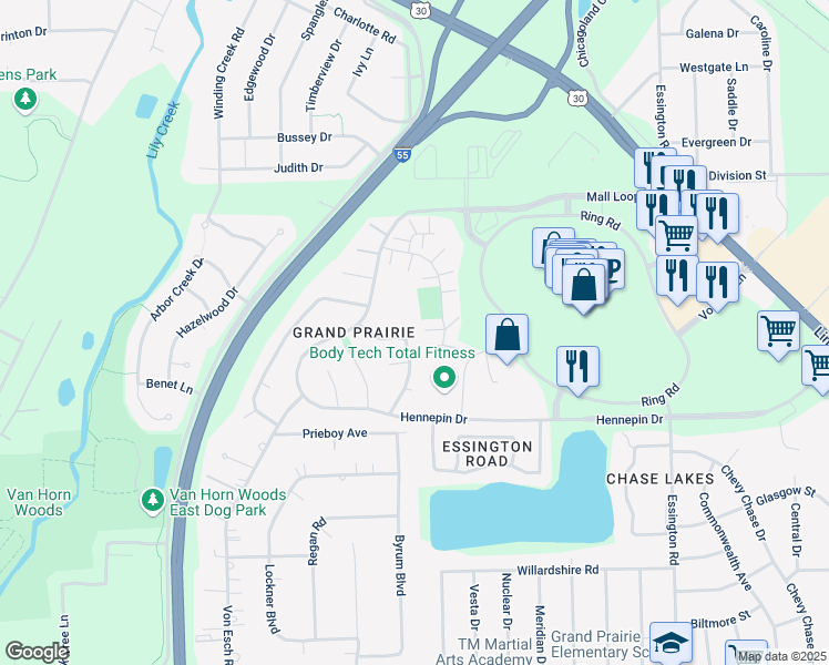 map of restaurants, bars, coffee shops, grocery stores, and more near 2910 Grand Prairie Drive in Joliet