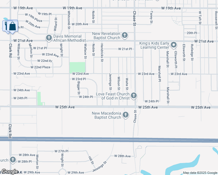 map of restaurants, bars, coffee shops, grocery stores, and more near 2386 Jennings Street in Gary