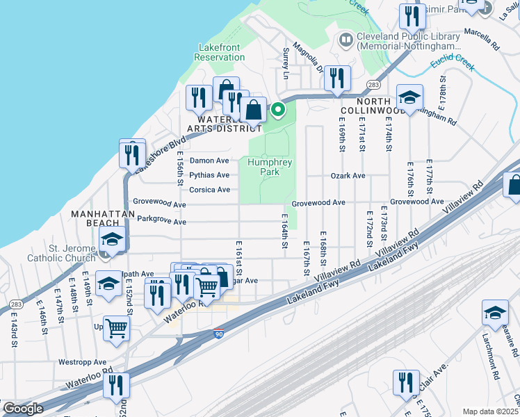 map of restaurants, bars, coffee shops, grocery stores, and more near 16206 Grovewood Avenue in Cleveland