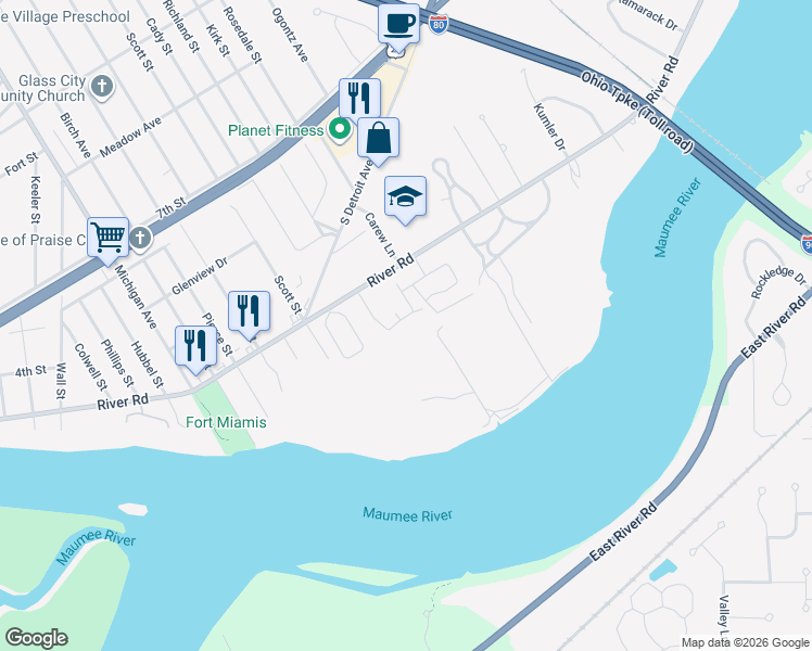 map of restaurants, bars, coffee shops, grocery stores, and more near 125 Riverside Drive in Maumee