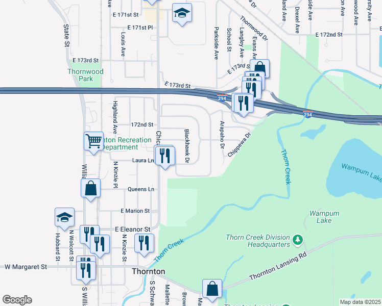 map of restaurants, bars, coffee shops, grocery stores, and more near 50 Blackhawk Drive in Thornton
