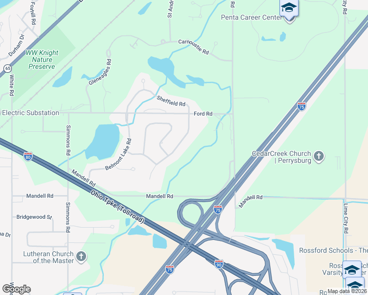 map of restaurants, bars, coffee shops, grocery stores, and more near 9502 Sheffield Road in Perrysburg