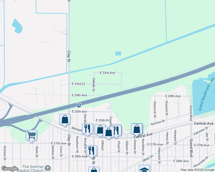 map of restaurants, bars, coffee shops, grocery stores, and more near 851 East 23rd Court in Gary